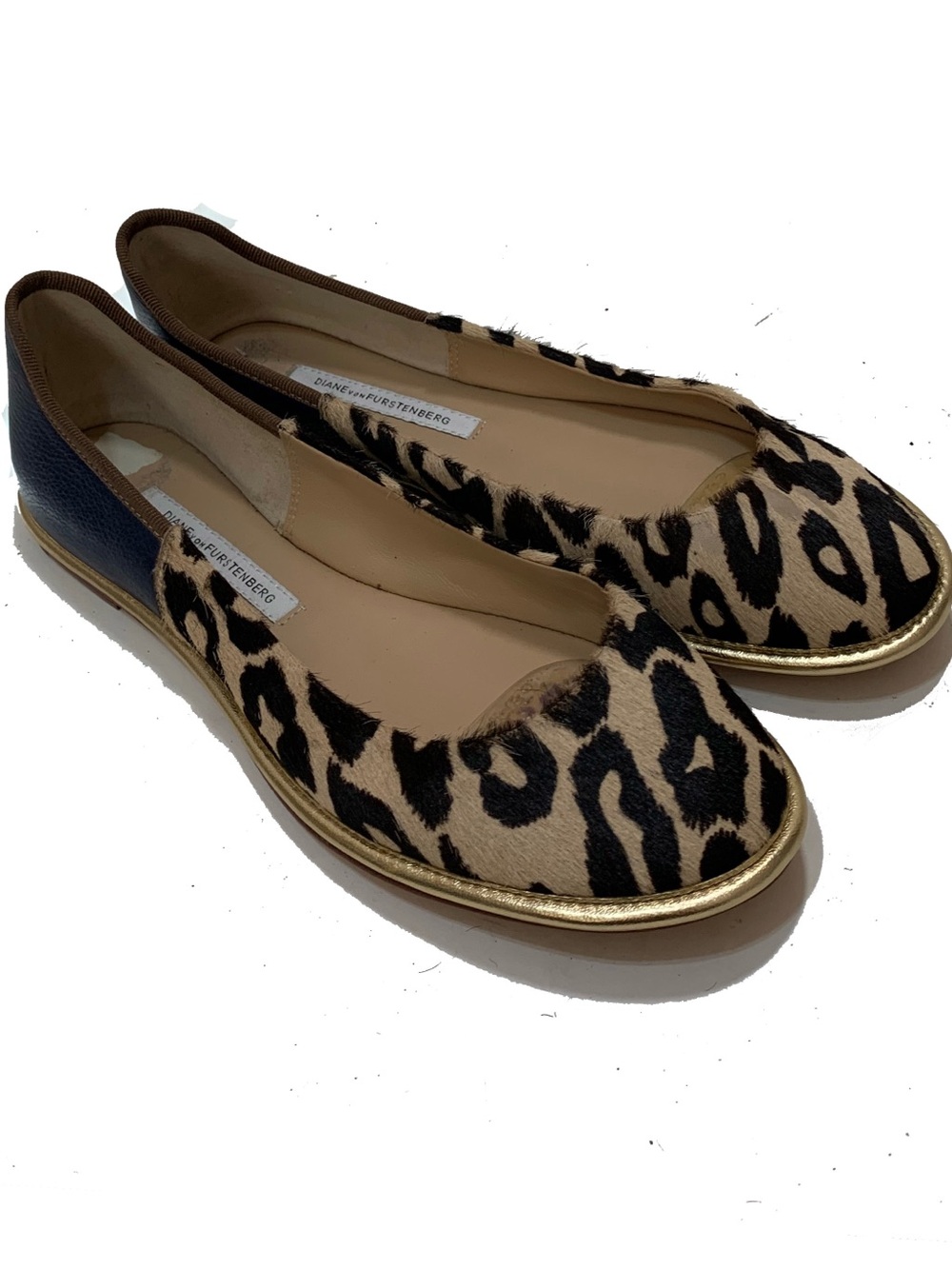 Diane Von Furstenberg Leopard Print Flats with Gold Trim and Black Heel